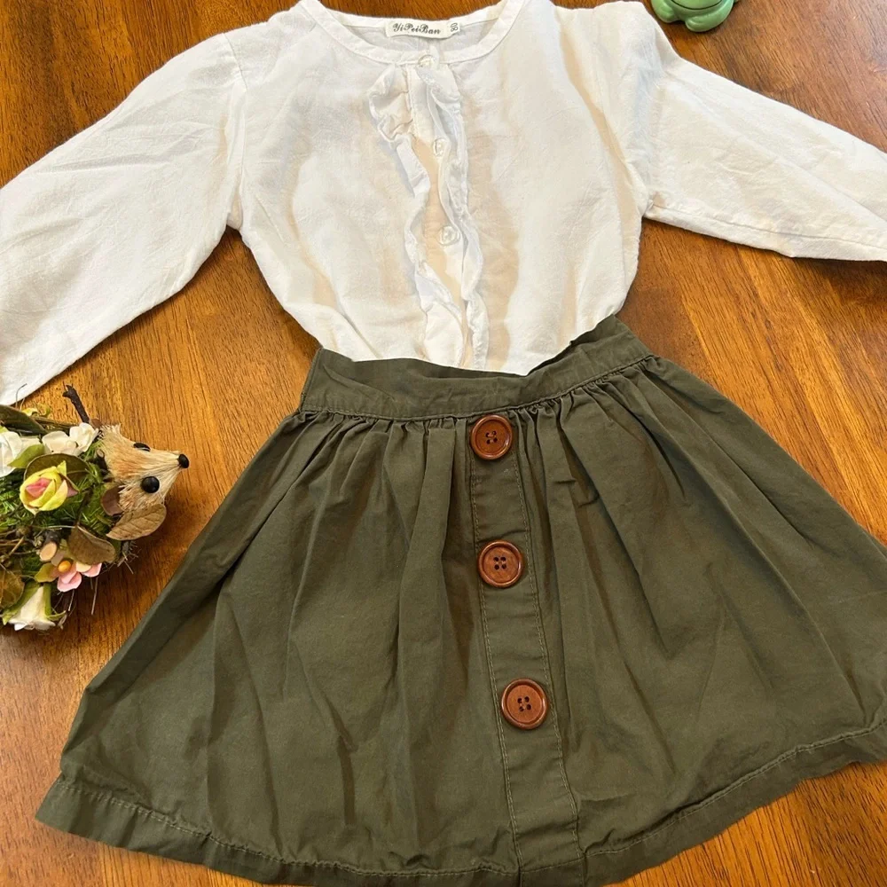Olive Green Button Skirt & White Ruffle Top Outfit | Girls Size 80(12-18 Months)